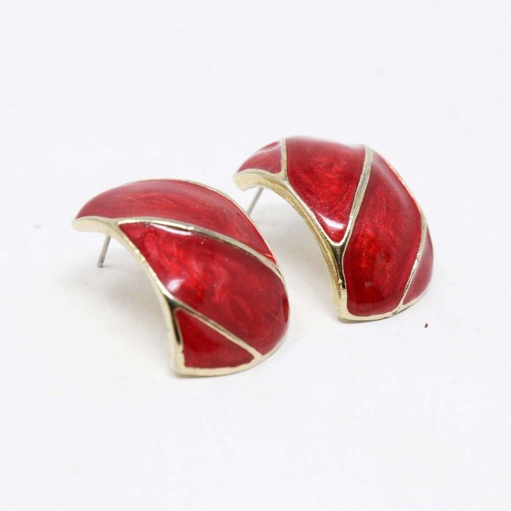 Magenta Enamel Gold Tone Pierced Post Earrings Chunky
